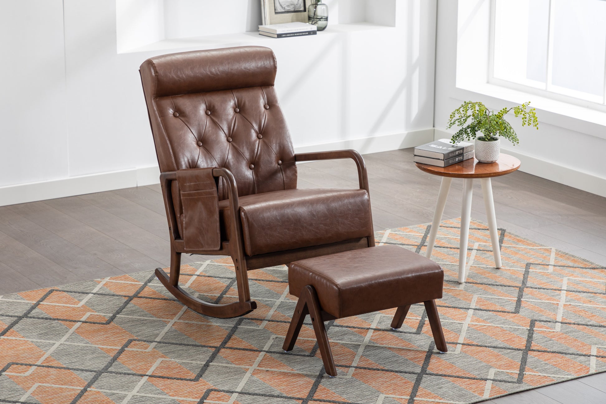 Coolmore Rocking Chair With Ottoman, Mid Century Modern Upholstered Fabric Rocking Armchair, Rocking Chair Nursery With Thick Padded Cushion, High Backrest Accent Glider Rocker Chair For Living Room Brown Pu Solid Wood