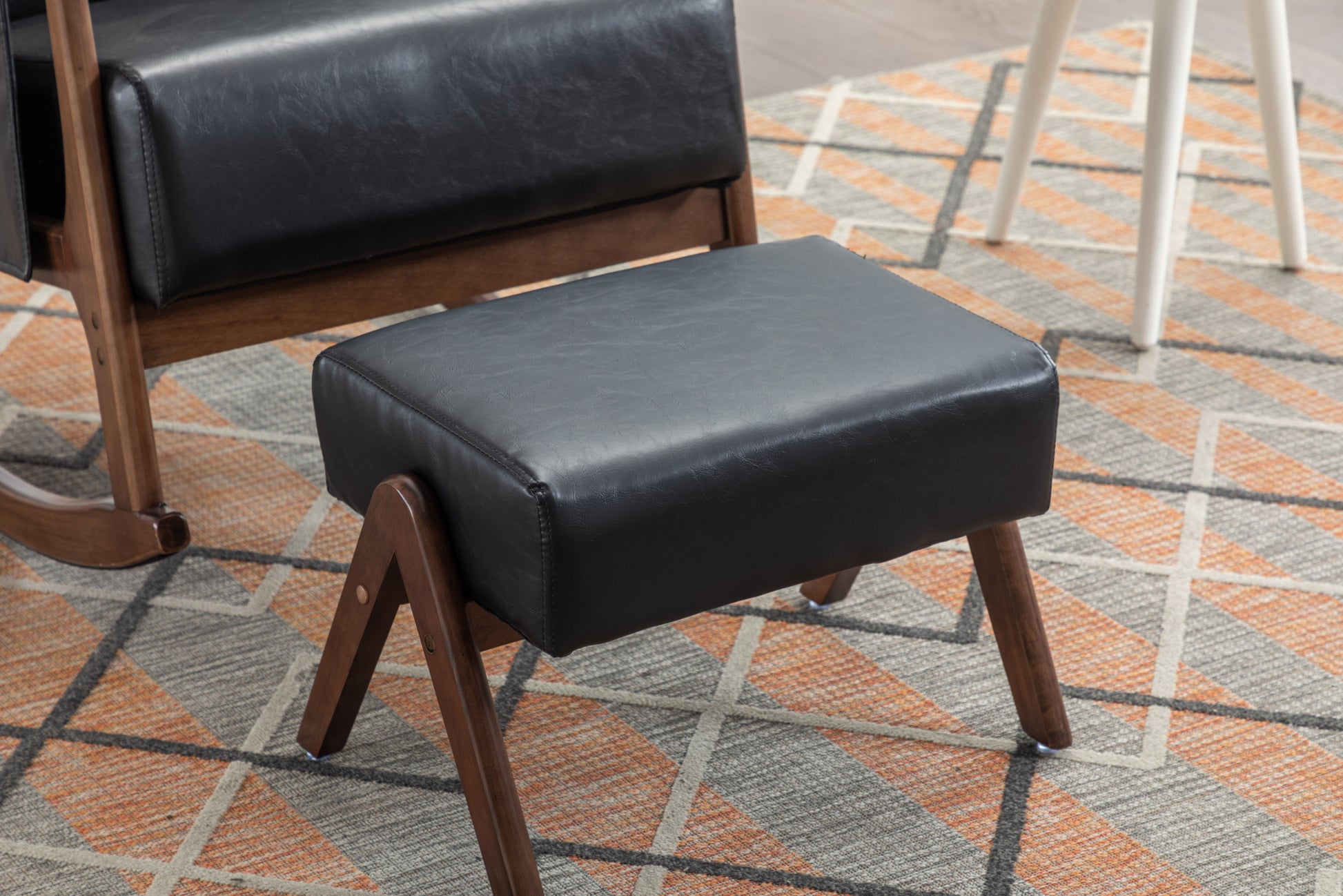 Coolmore Rocking Chair With Ottoman, Mid Century Modern Upholstered Fabric Rocking Armchair, Rocking Chair Nursery With Thick Padded Cushion, High Backrest Accent Glider Rocker Chair For Living Room Black Pu Solid Wood