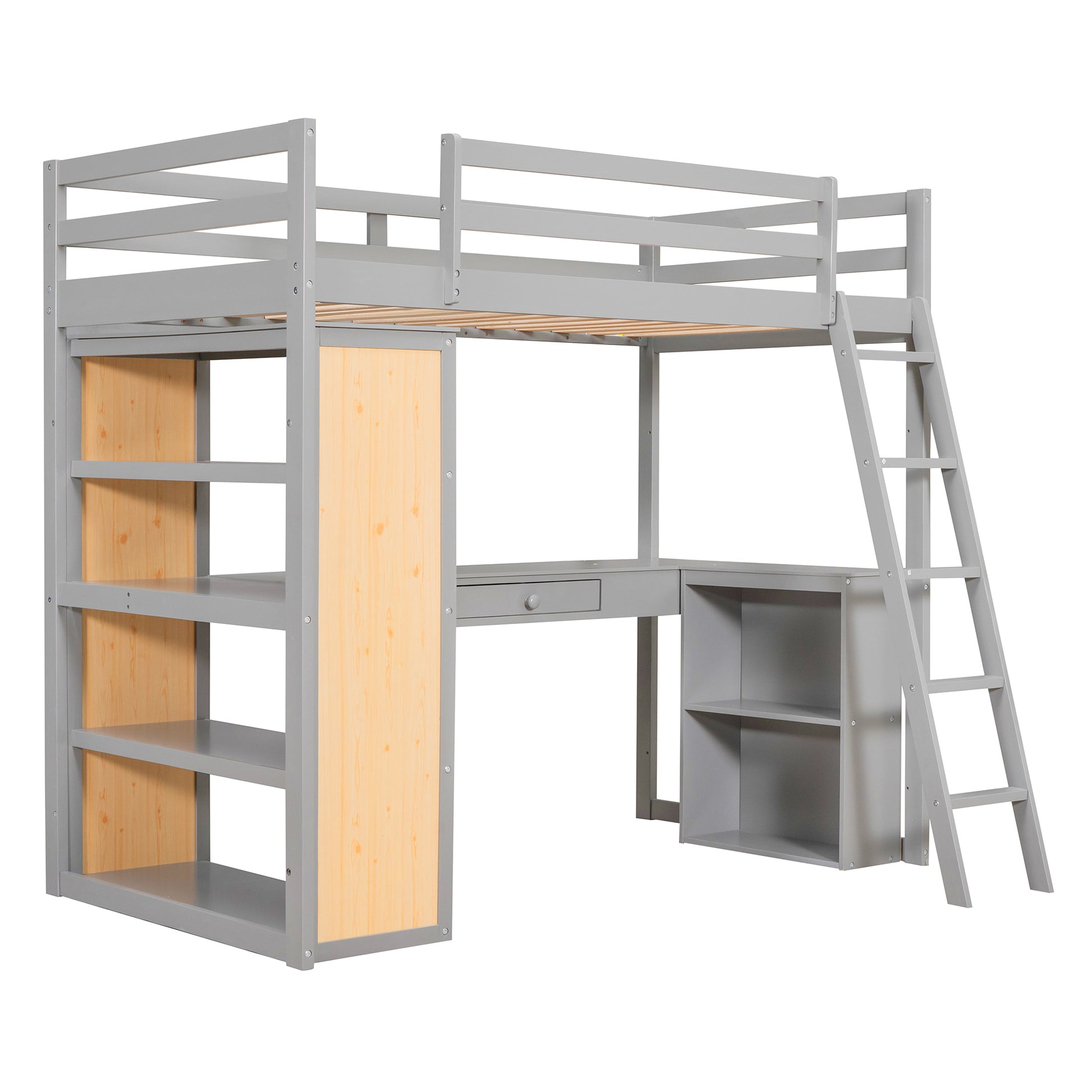 Twin Size Loft Bed With Ladder, Shelves, And Desk, Gray Lt000225Aae Gray Solid Wood Mdf