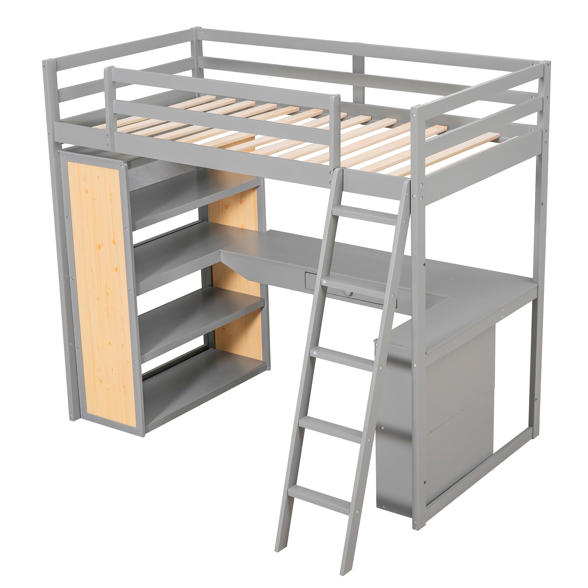 Twin Size Loft Bed With Ladder, Shelves, And Desk, Gray Lt000225Aae Gray Solid Wood Mdf