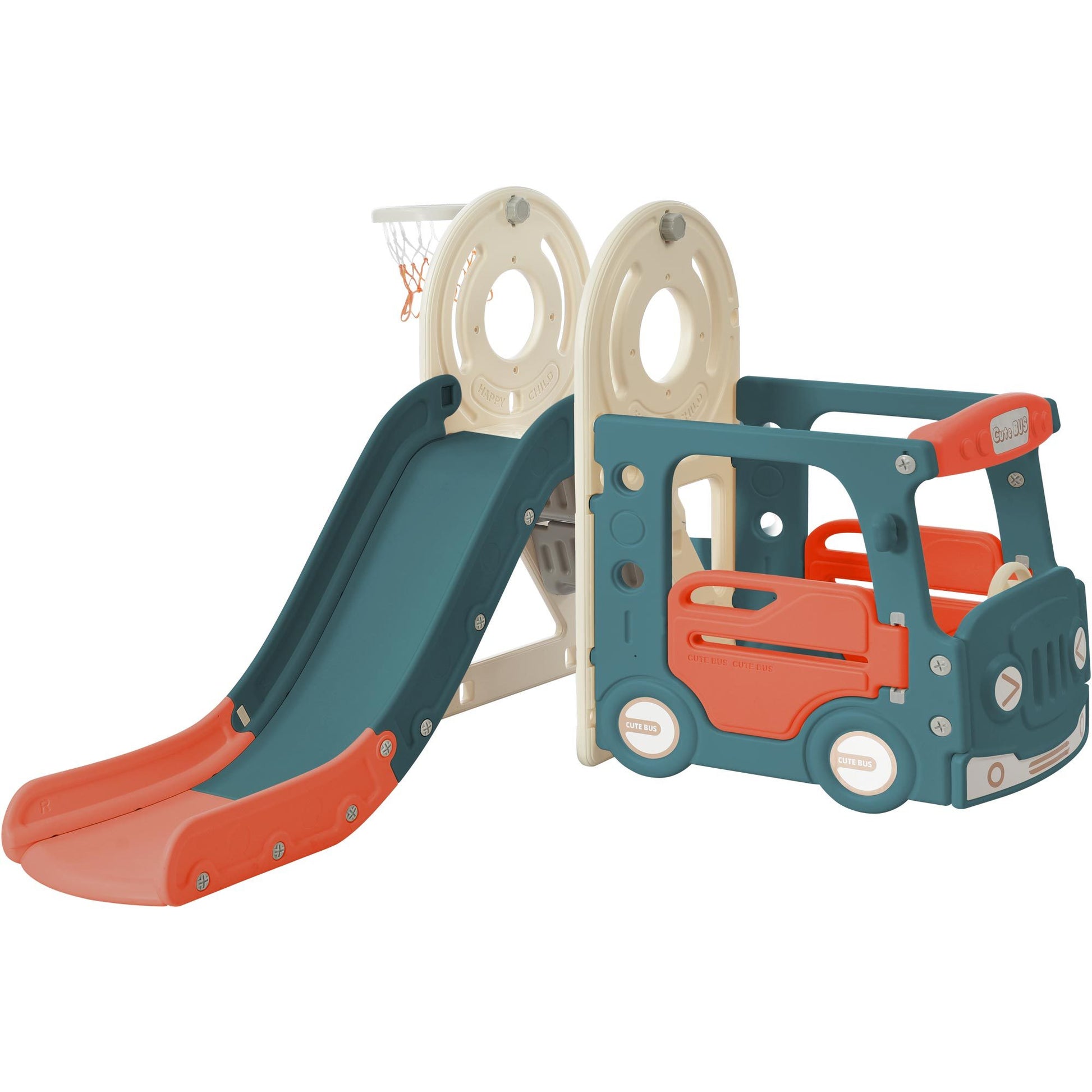 Kids Slide With Bus Play Structure, Freestanding Bus Toy With Slide For Toddlers, Bus Slide Set With Basketball Hoop Red Hdpe