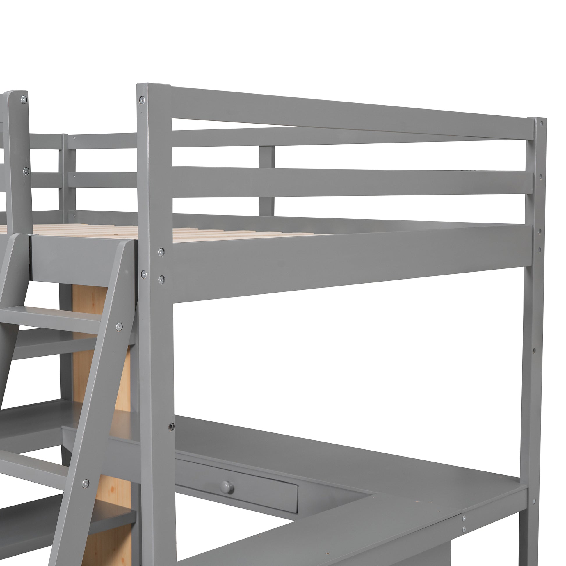 Full Size Loft Bed With Ladder, Shelves, And Desk, Gray Old Sku:Lt100226Aae Gray Solid Wood Mdf