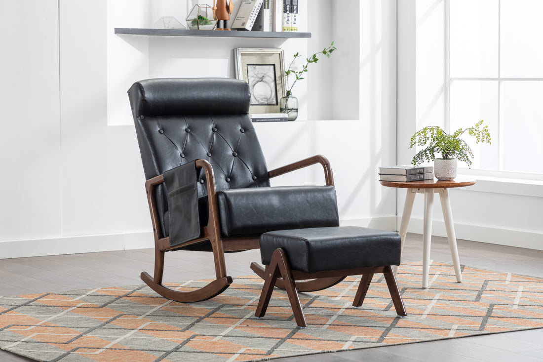 Coolmore Rocking Chair With Ottoman, Mid Century Modern Upholstered Fabric Rocking Armchair, Rocking Chair Nursery With Thick Padded Cushion, High Backrest Accent Glider Rocker Chair For Living Room Black Pu Solid Wood