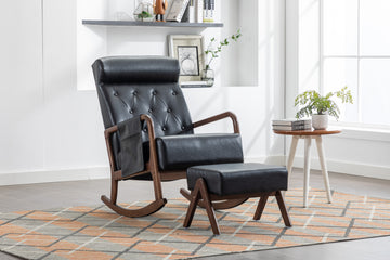 Coolmore Rocking Chair With Ottoman, Mid Century Modern Upholstered Fabric Rocking Armchair, Rocking Chair Nursery With Thick Padded Cushion, High Backrest Accent Glider Rocker Chair For Living Room Black Pu Solid Wood