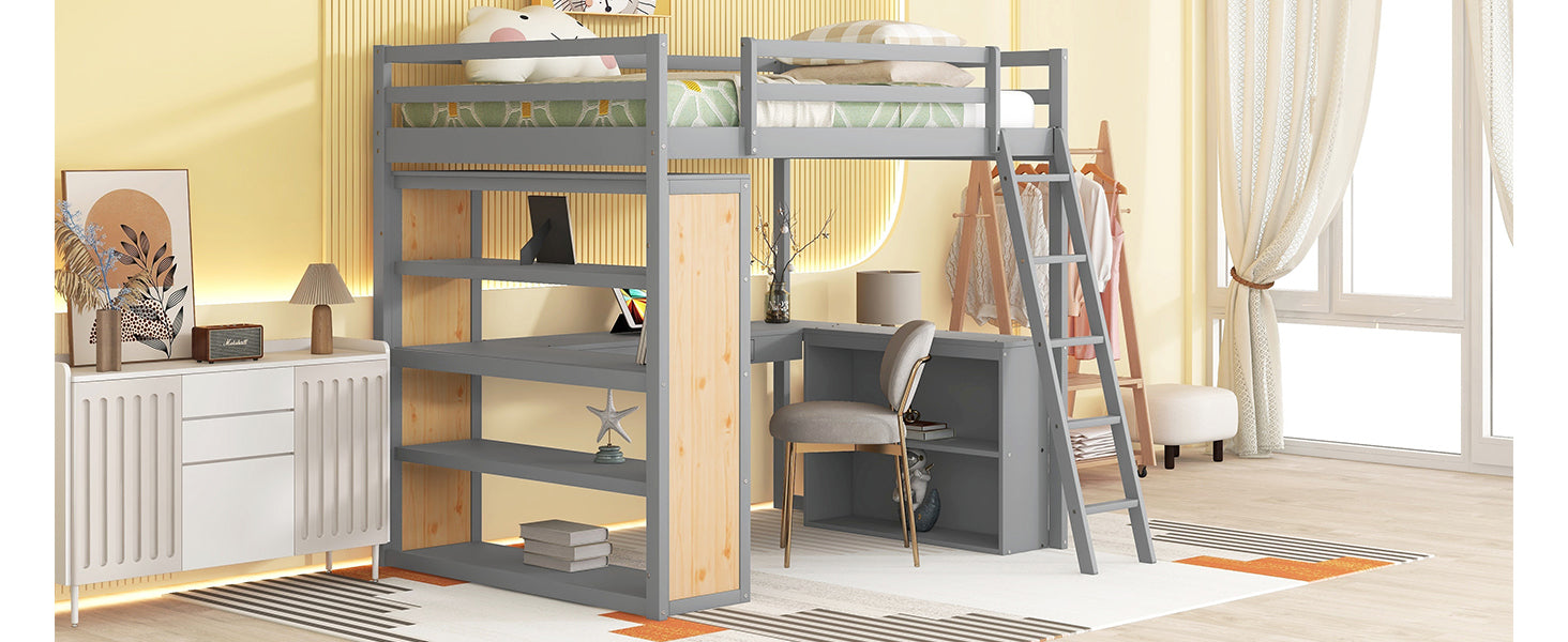 Full Size Loft Bed With Ladder, Shelves, And Desk, Gray Old Sku:Lt100226Aae Gray Solid Wood Mdf