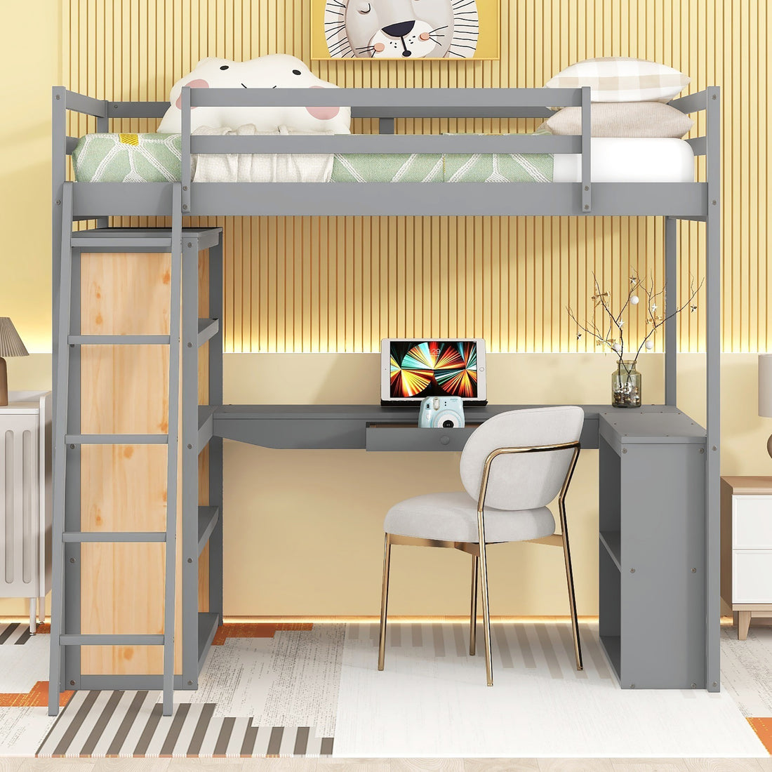 Full Size Loft Bed With Ladder, Shelves, And Desk, Gray Old Sku:Lt100226Aae Gray Solid Wood Mdf