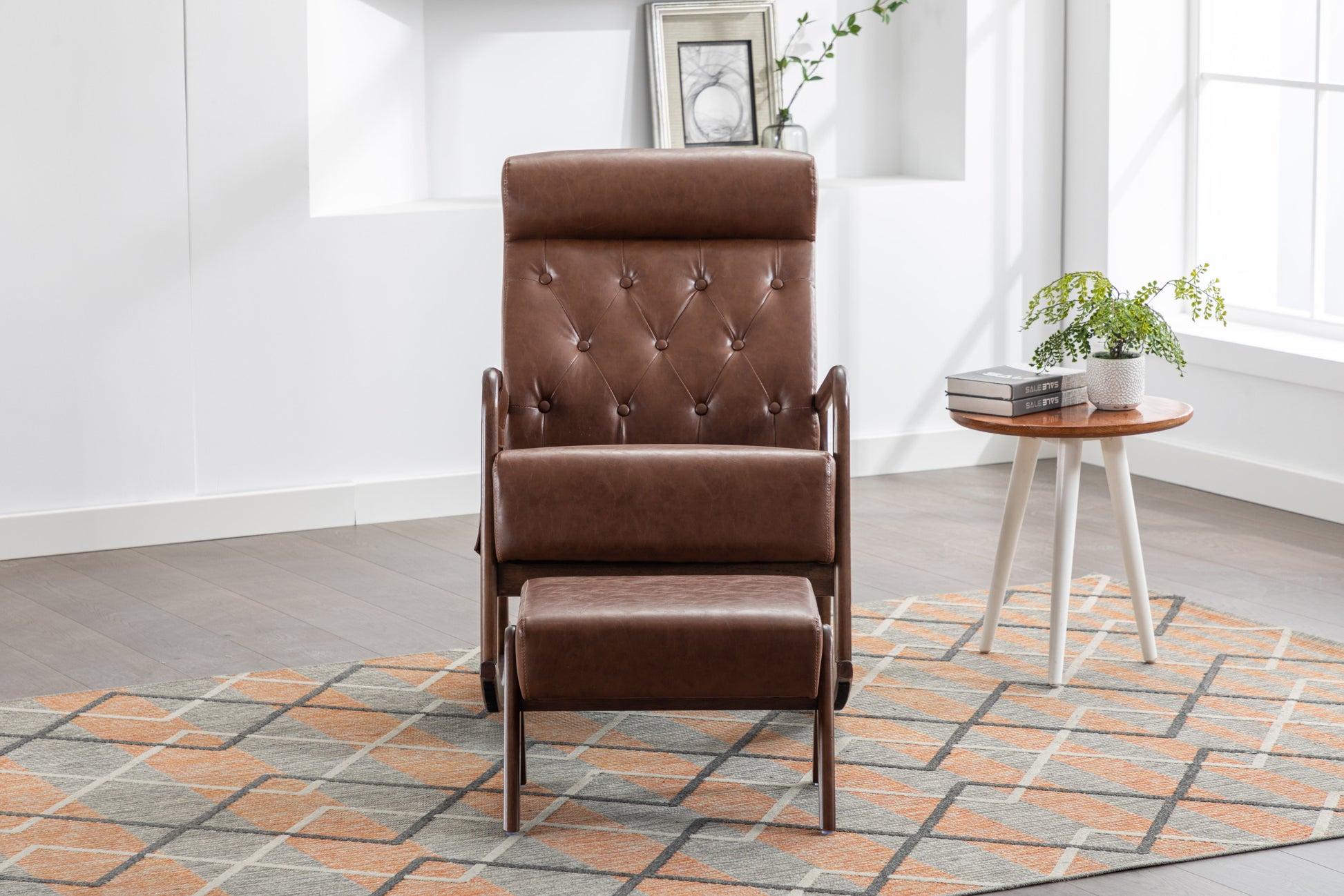 Coolmore Rocking Chair With Ottoman, Mid Century Modern Upholstered Fabric Rocking Armchair, Rocking Chair Nursery With Thick Padded Cushion, High Backrest Accent Glider Rocker Chair For Living Room Brown Pu Solid Wood