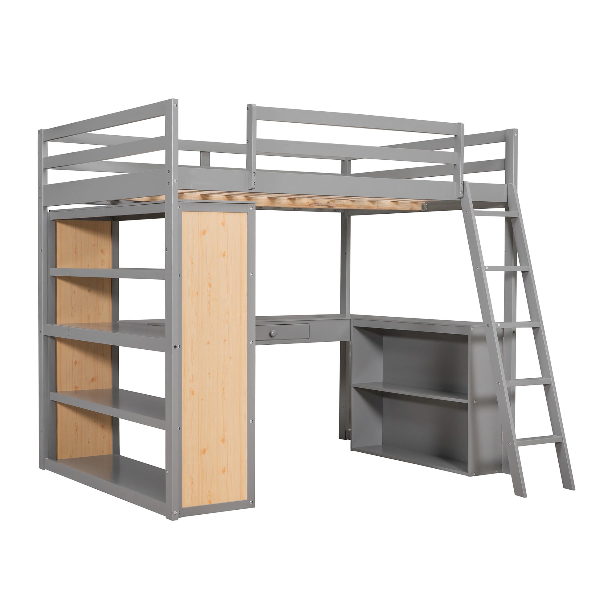 Full Size Loft Bed With Ladder, Shelves, And Desk, Gray Old Sku:Lt100226Aae Gray Solid Wood Mdf