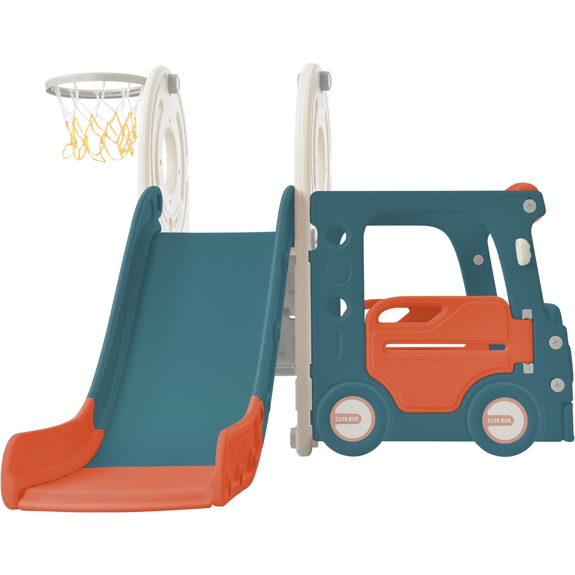 Kids Slide With Bus Play Structure, Freestanding Bus Toy With Slide For Toddlers, Bus Slide Set With Basketball Hoop Red Hdpe