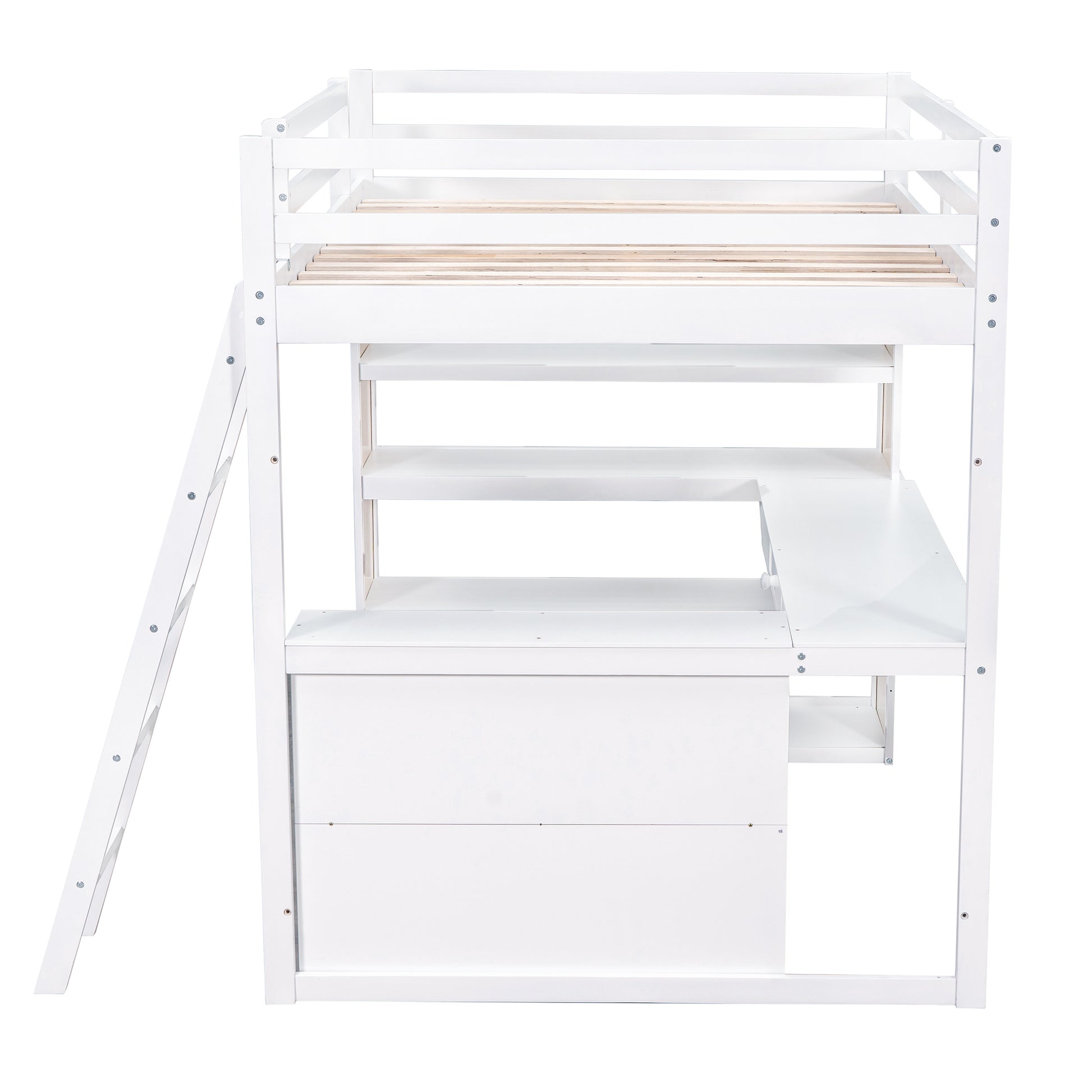 Full Size Loft Bed With Ladder, Shelves, And Desk, White Old Sku:Lt000226Aak White Solid Wood Mdf