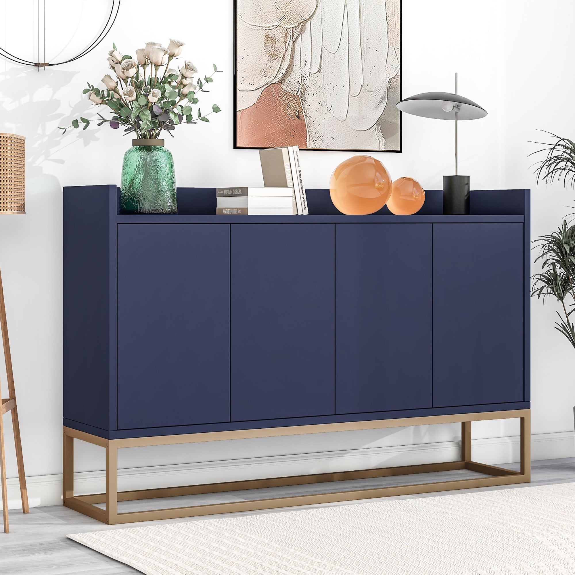 Modern Sideboard Elegant Buffet Cabinet With Large Storage Space For Dining Room, Entryway Navy Navy Particle Board