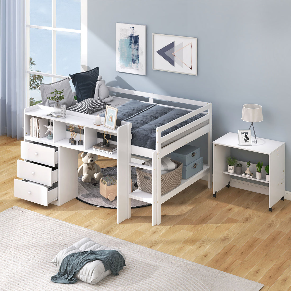 Full Size Low Loft Bed With Rolling Portable Desk, Drawers And Shelves, White Old Sku: Gx000711Aak Box Spring Not Required Full White Wood Bedroom Pine