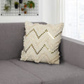 18 X 18 Square Polycotton Handwoven Accent Throw Pillow, Fringed, Sequins, Chevron Design, Off White White Cotton