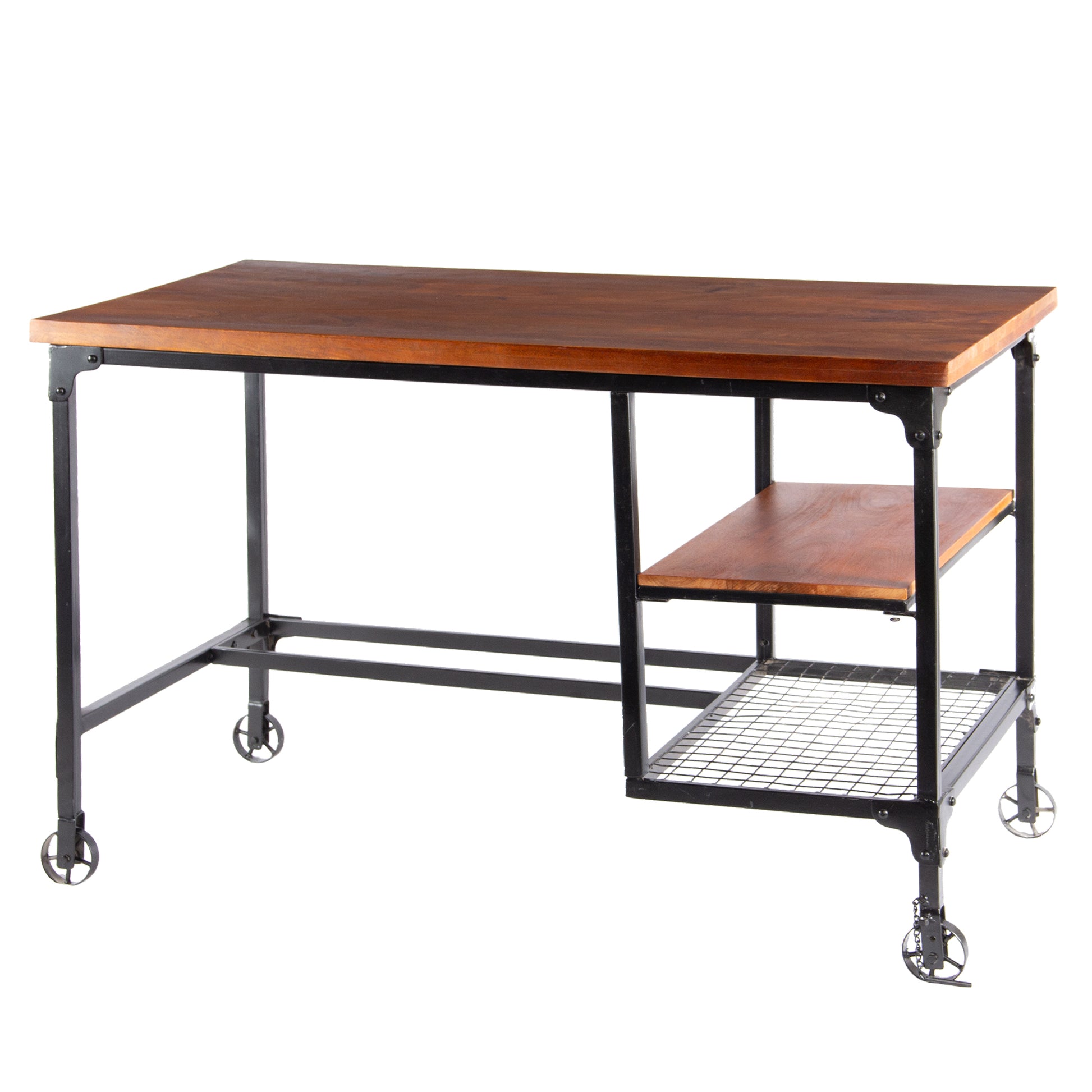 Industrial Style Wood And Metal Desk With Two Bottom Shelves, Brown And Black Brown Metal