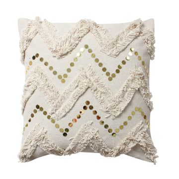 18 X 18 Square Polycotton Handwoven Accent Throw Pillow, Fringed, Sequins, Chevron Design, Off White White Cotton