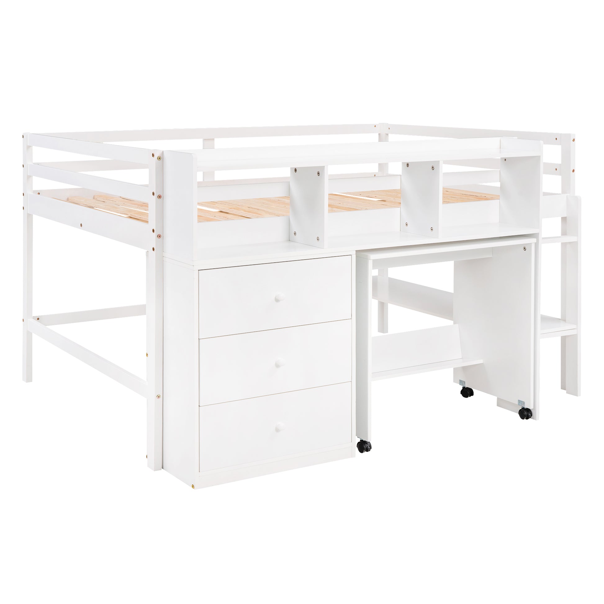 Full Size Low Loft Bed With Rolling Portable Desk, Drawers And Shelves, White Old Sku: Gx000711Aak Box Spring Not Required Full White Wood Bedroom Pine