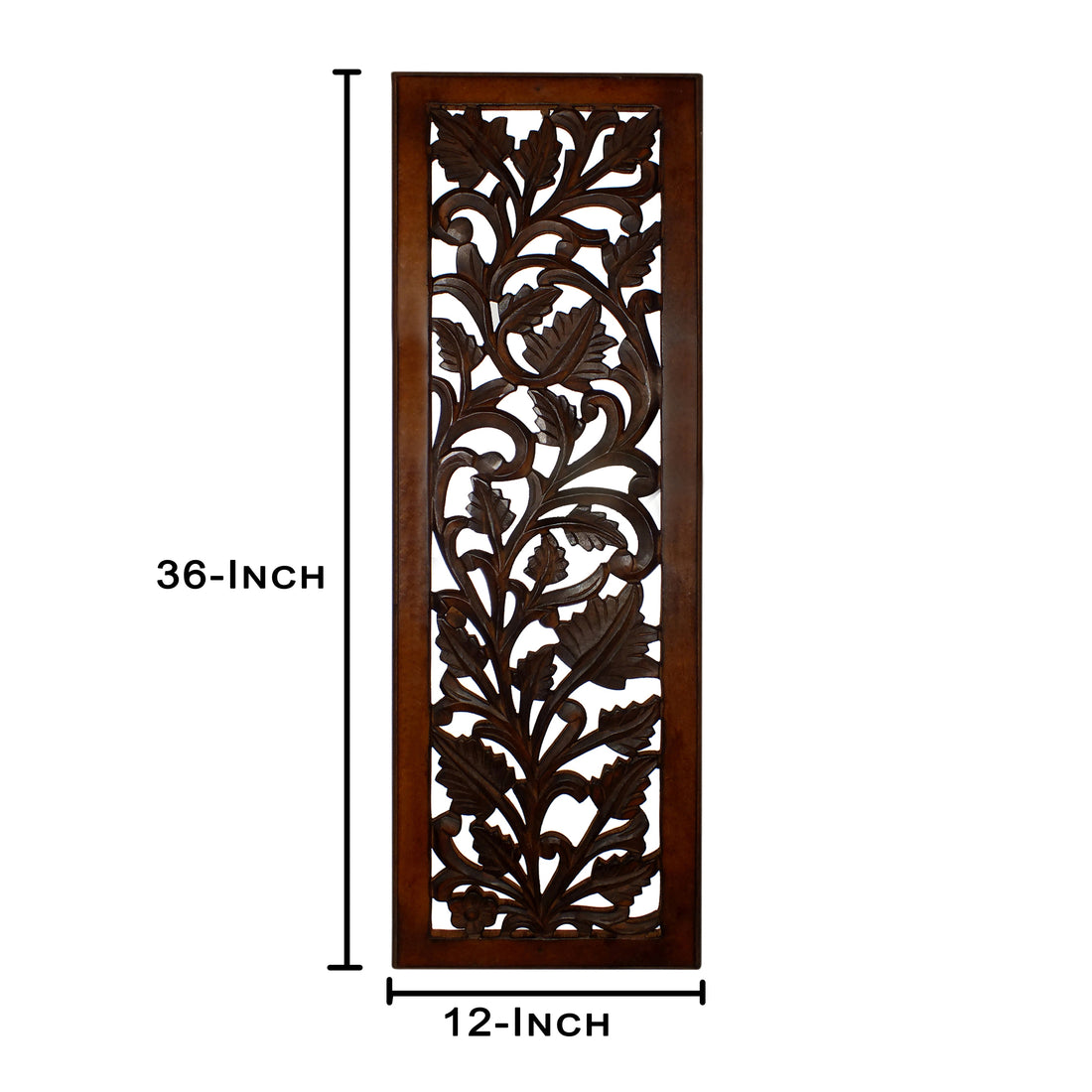 Mango Wood Wall Panel Hand Crafted With Leaves And Scroll Work Motif, Brown Brown Solid Wood