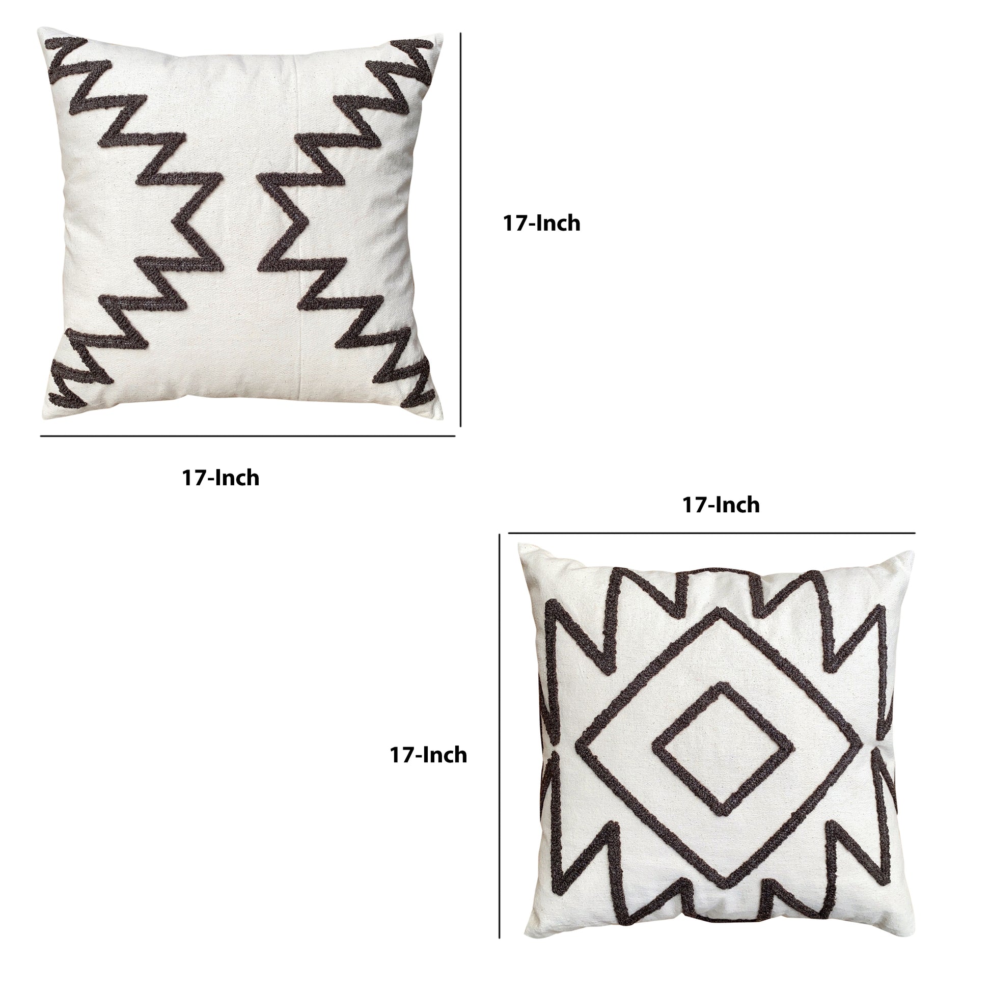 17 X 17 Inch 2 Piece Square Cotton Accent Throw Pillow Set With Modern Geometric Aztec Design Embroidery, White, Gray White Cotton