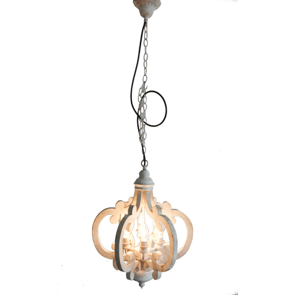 Antiqued Wood And Metal Chandelier, White White Metal