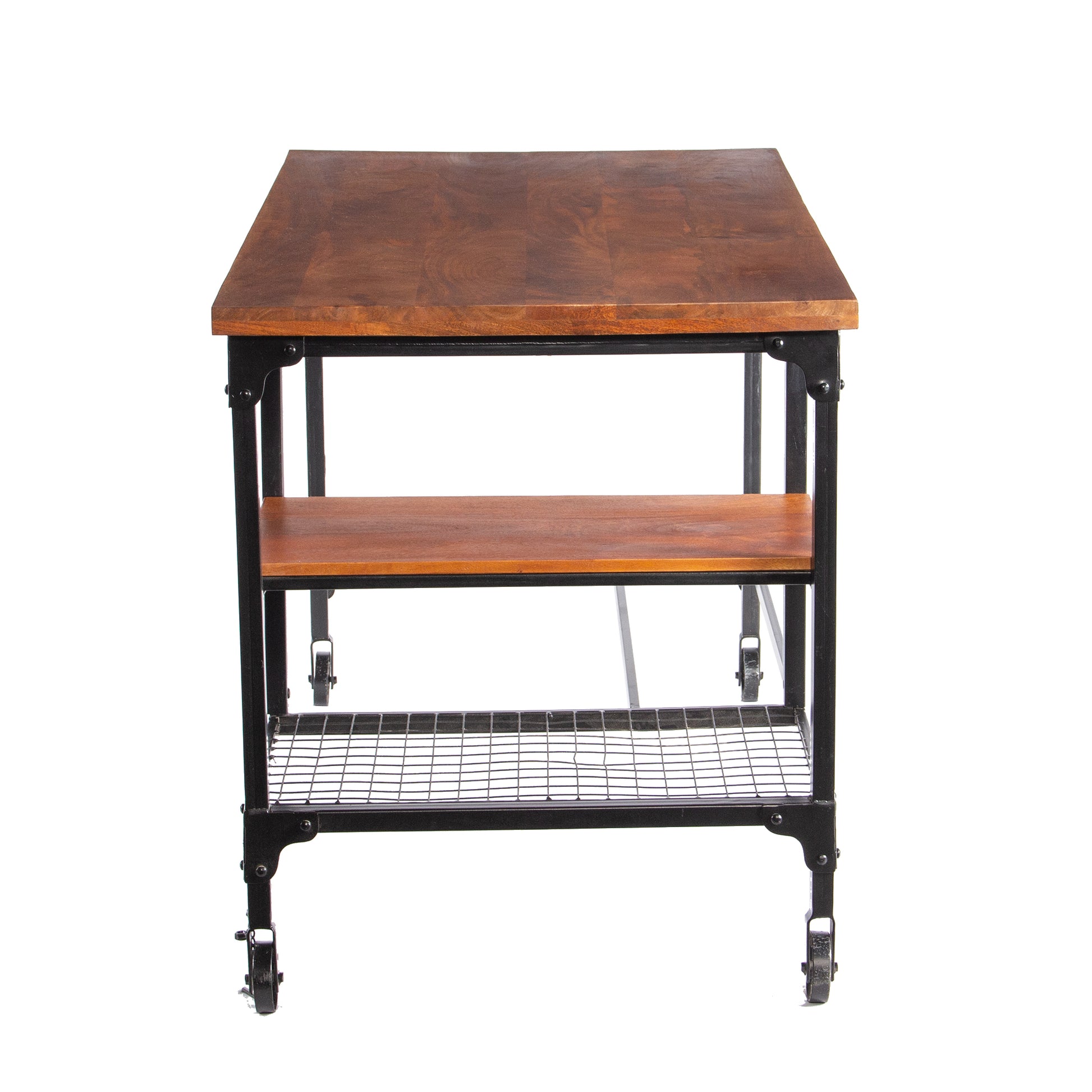 Industrial Style Wood And Metal Desk With Two Bottom Shelves, Brown And Black Brown Metal