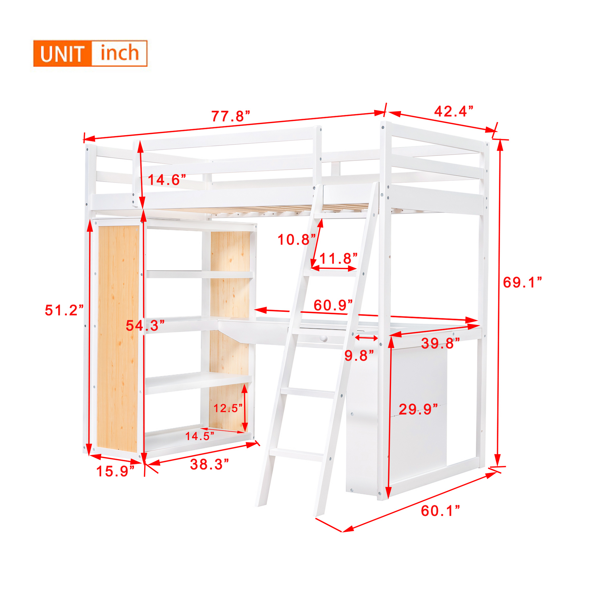 Twin Size Loft Bed With Ladder, Shelves, And Desk, White Old Sku:Lt000225Aak White Solid Wood Mdf