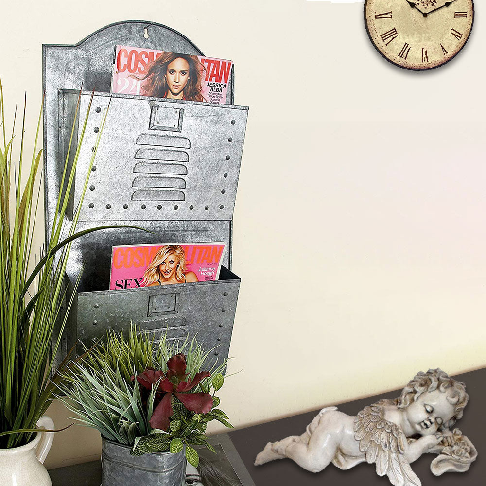 Galvanized Two Tier Metal Wall Pocket Organizer, Gray Gray Iron