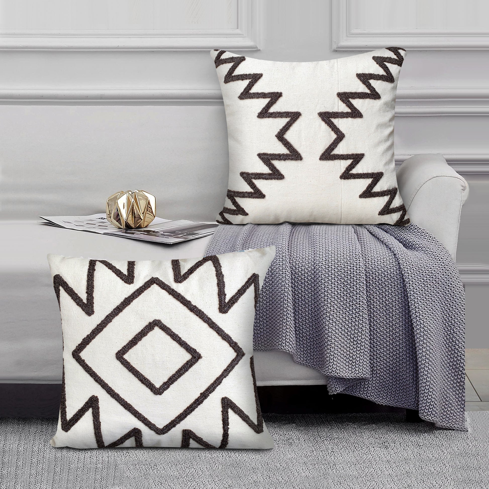 17 X 17 Inch 2 Piece Square Cotton Accent Throw Pillow Set With Modern Geometric Aztec Design Embroidery, White, Gray White Cotton