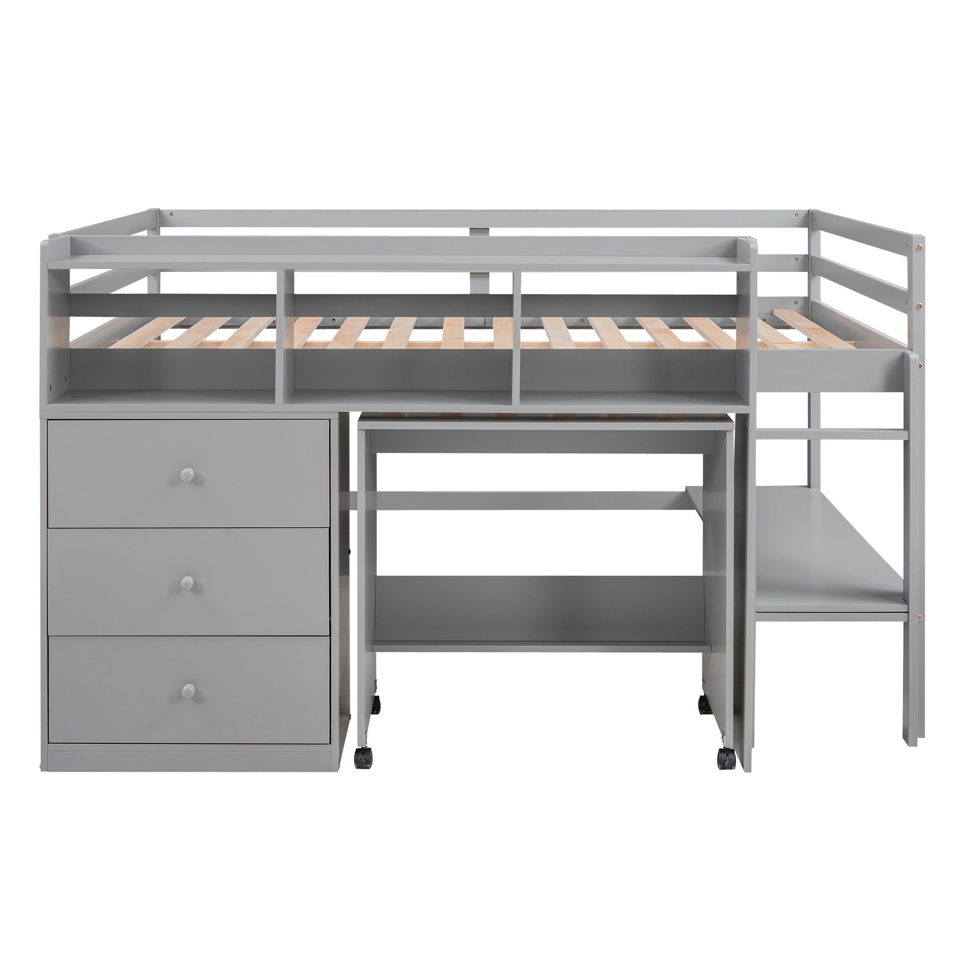 Full Size Low Loft Bed With Rolling Portable Desk, Drawers And Shelves, Gray Old Sku: Gx000711Aae Box Spring Not Required Full Gray Wood Bedroom Pine