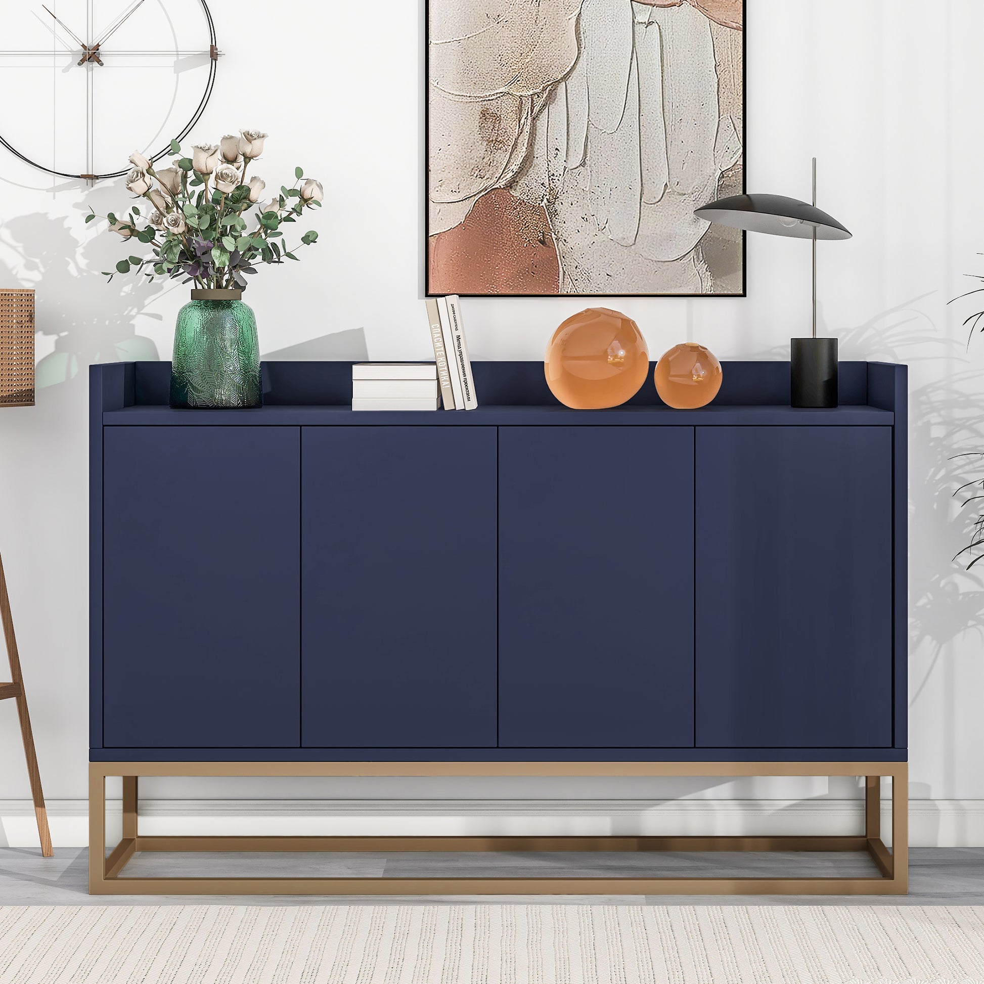 Modern Sideboard Elegant Buffet Cabinet With Large Storage Space For Dining Room, Entryway Navy Navy Particle Board