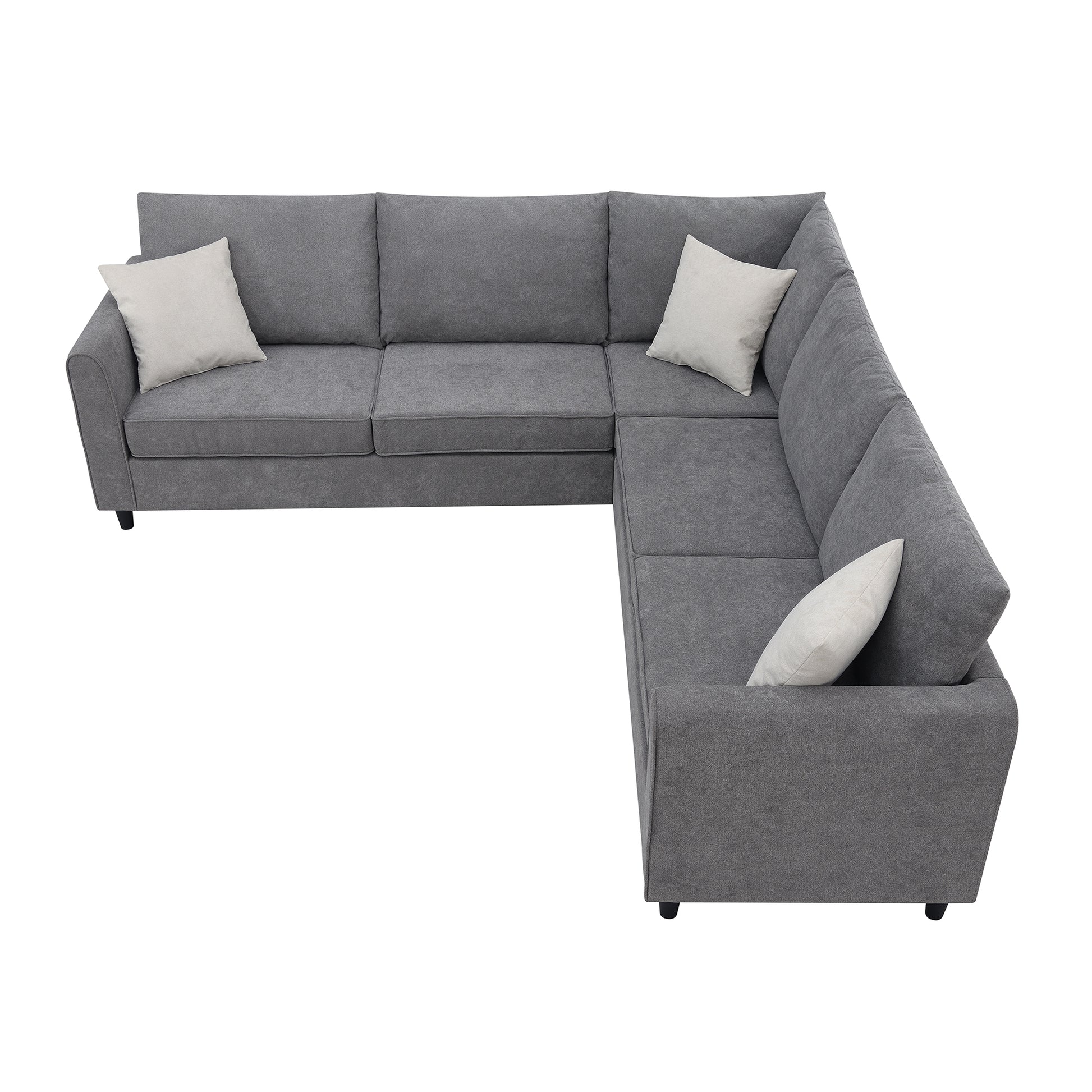 91*91" Modern Upholstered Living Room Sectional Sofa, L Shape Furniture Couch With 3 Pillows Grey Fabric 5 Seat