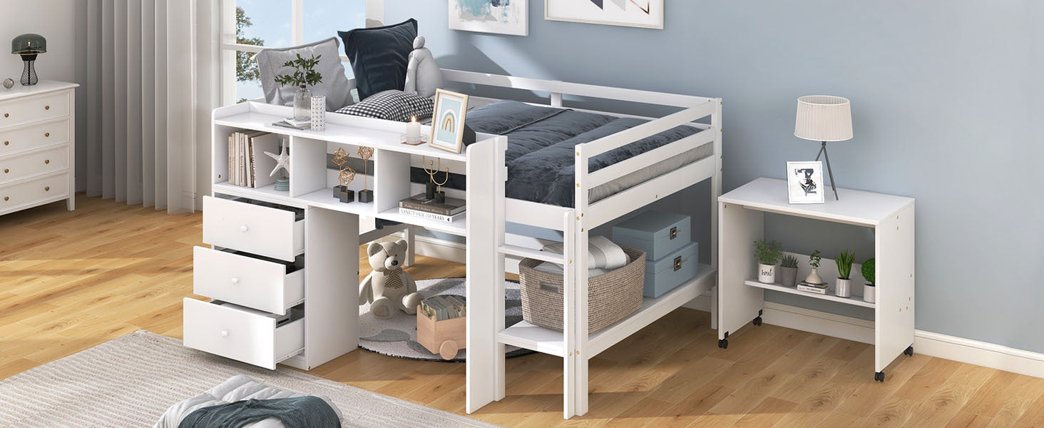 Full Size Low Loft Bed With Rolling Portable Desk, Drawers And Shelves, White Old Sku: Gx000711Aak Box Spring Not Required Full White Wood Bedroom Pine