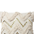 18 X 18 Square Polycotton Handwoven Accent Throw Pillow, Fringed, Sequins, Chevron Design, Off White White Cotton