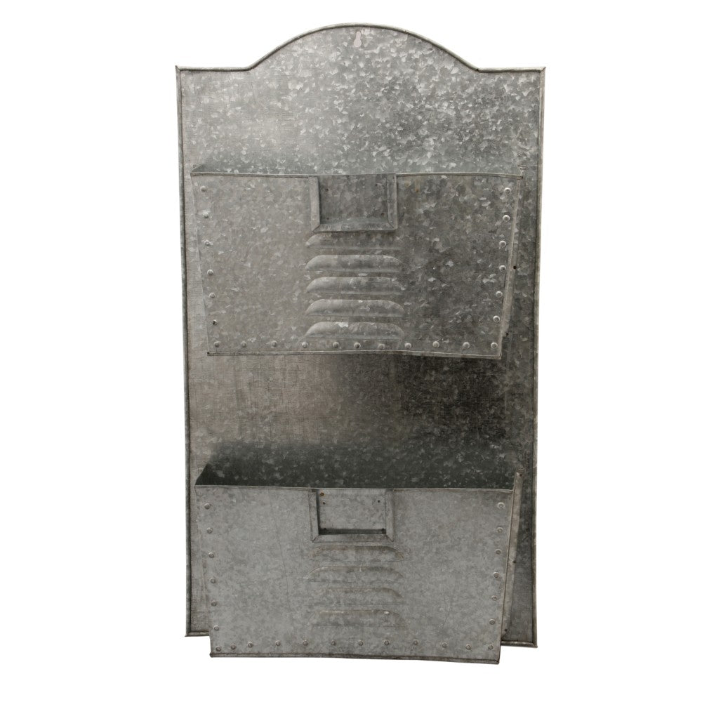 Galvanized Two Tier Metal Wall Pocket Organizer, Gray Gray Iron