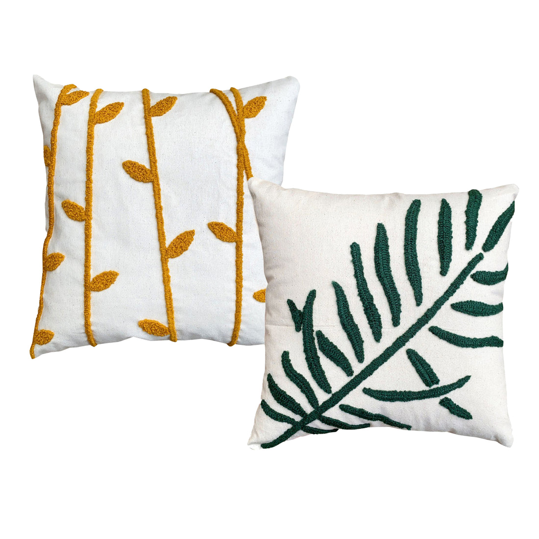 17 X 17 Inch 2 Piece Square Cotton Accent Throw Pillow Set, Leaf Embroidery, White, Green, Yellow White Cotton