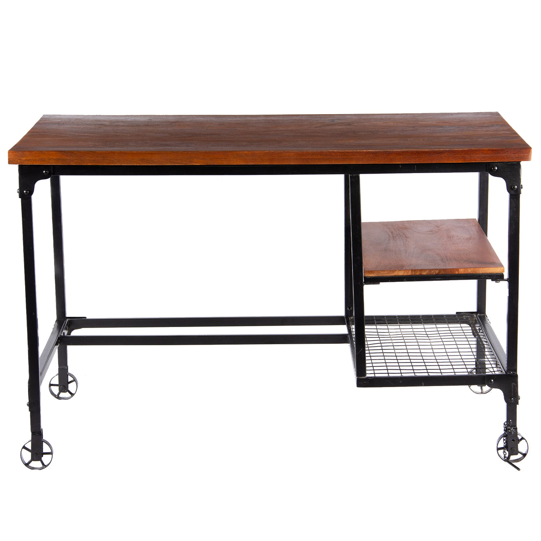 Industrial Style Wood And Metal Desk With Two Bottom Shelves, Brown And Black Brown Metal