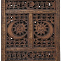 Hand Carved Sun And Moon Design Foldable 4 Panel Wooden Room Divider, Brown Brown Solid Wood