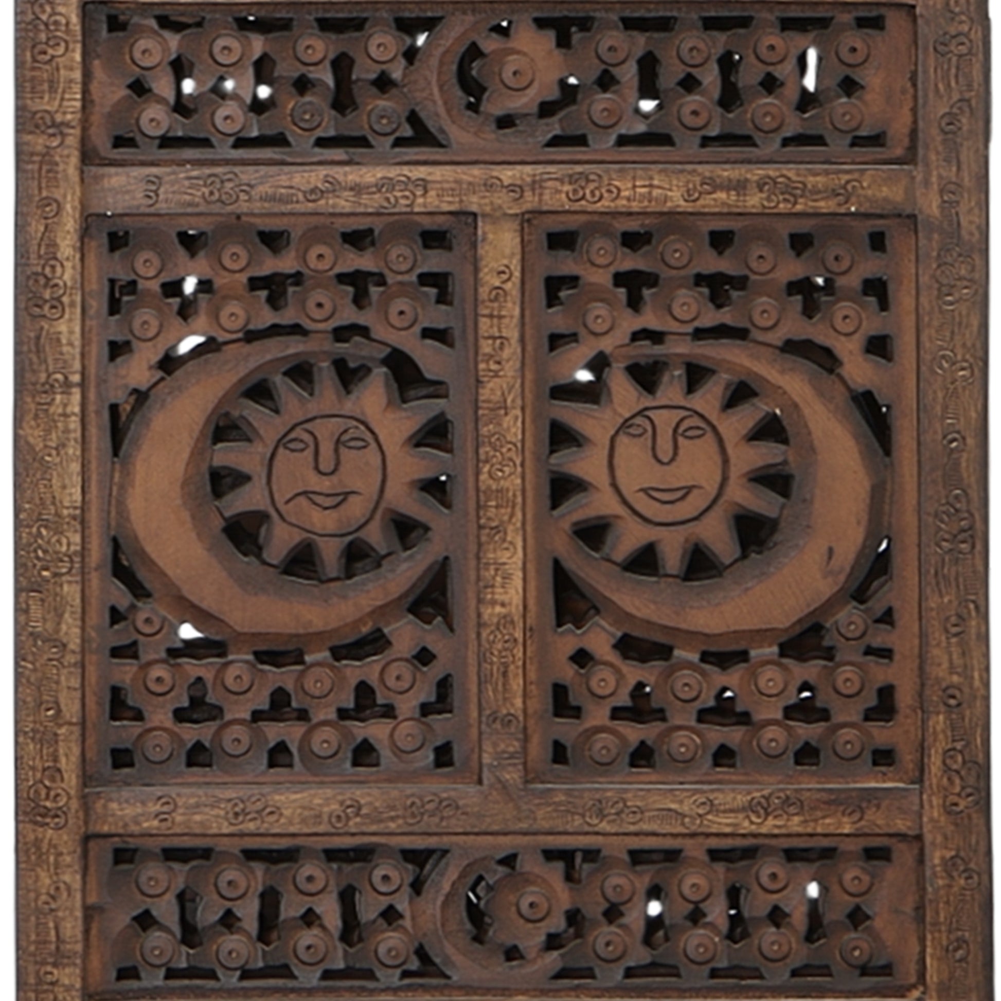 Hand Carved Sun And Moon Design Foldable 4 Panel Wooden Room Divider, Brown Brown Solid Wood