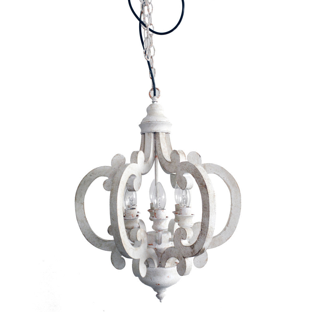 Antiqued Wood And Metal Chandelier, White White Metal