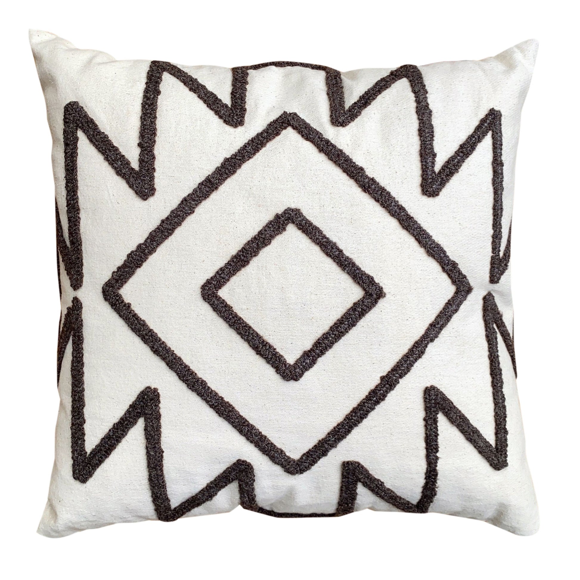 17 X 17 Inch 2 Piece Square Cotton Accent Throw Pillow Set With Modern Geometric Aztec Design Embroidery, White, Gray White Cotton