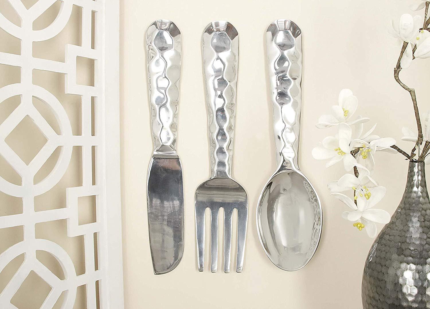 Artistic Cutlery Wall Decor In Metal, Set Of Three, Silver Silver Metal