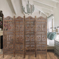 Hand Carved Sun And Moon Design Foldable 4 Panel Wooden Room Divider, Brown Brown Solid Wood