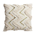 18 X 18 Square Polycotton Handwoven Accent Throw Pillow, Fringed, Sequins, Chevron Design, Off White White Cotton