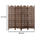 Hand Carved Sun And Moon Design Foldable 4 Panel Wooden Room Divider, Brown Brown Solid Wood