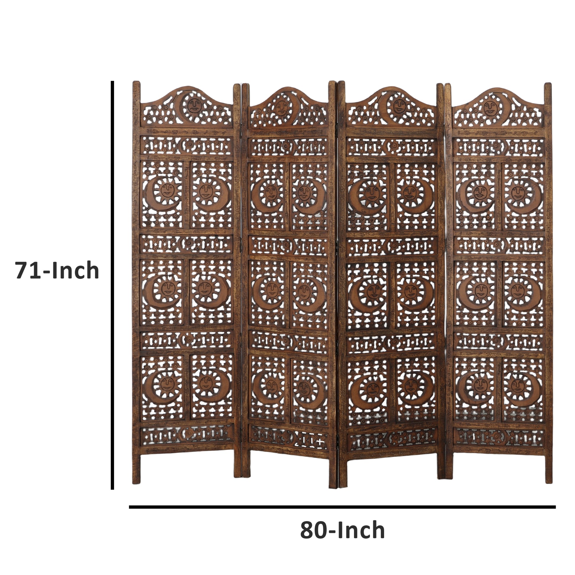 Hand Carved Sun And Moon Design Foldable 4 Panel Wooden Room Divider, Brown Brown Solid Wood