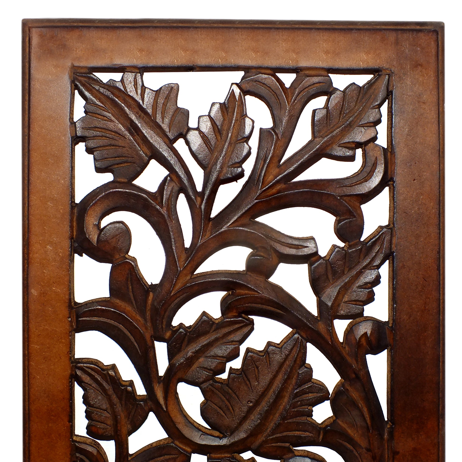 Mango Wood Wall Panel Hand Crafted With Leaves And Scroll Work Motif, Brown Brown Solid Wood