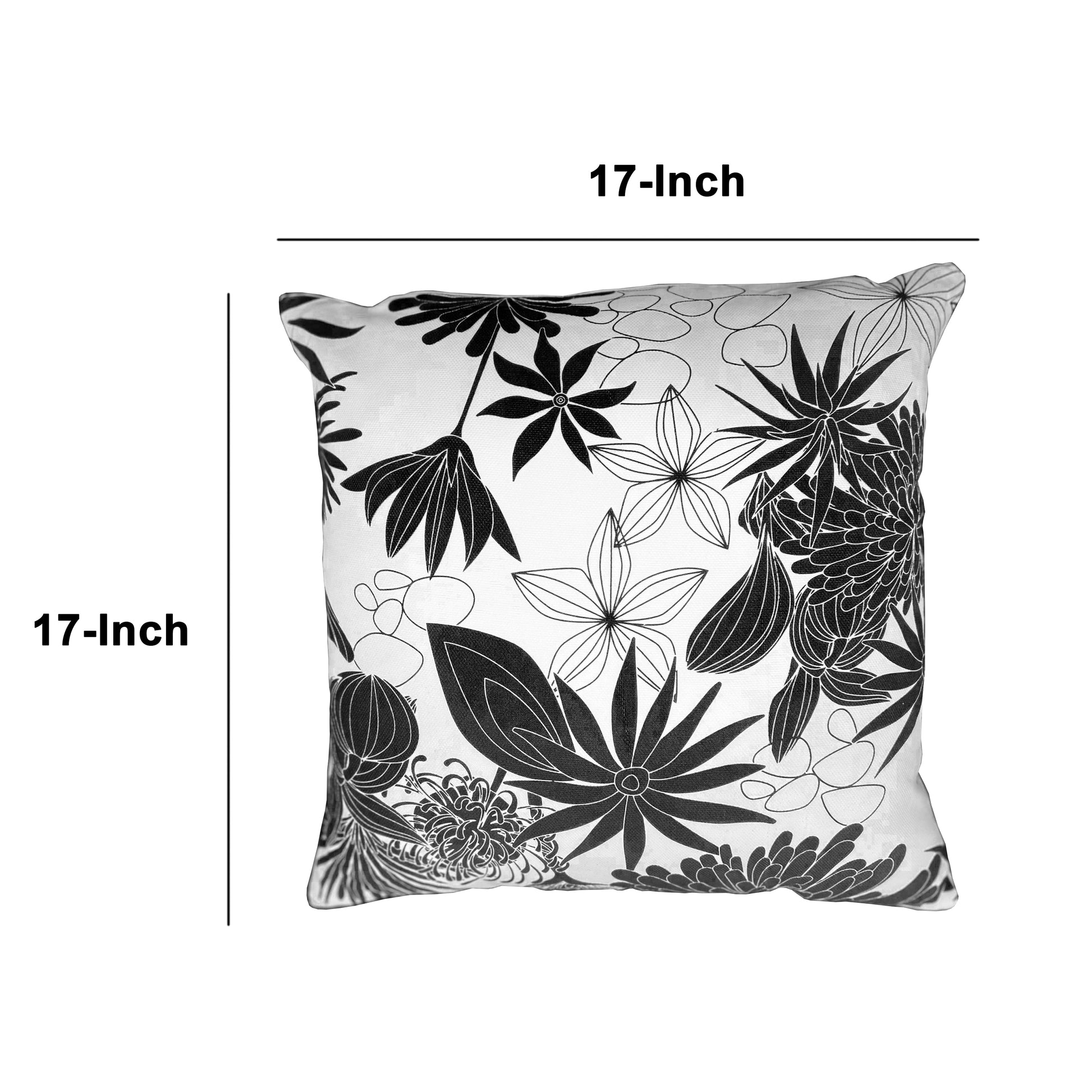 17 X 17 Inch Decorative Square Cotton Accent Throw Pillow With Classic Floral Print, Black And White White Cotton