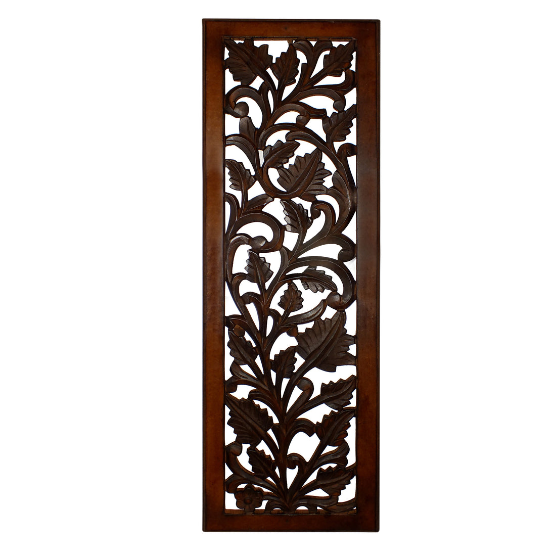 Mango Wood Wall Panel Hand Crafted With Leaves And Scroll Work Motif, Brown Brown Solid Wood