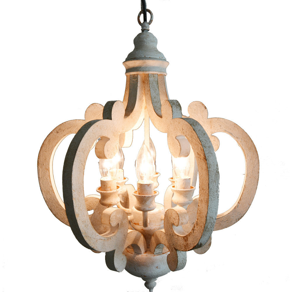 Antiqued Wood And Metal Chandelier, White White Metal