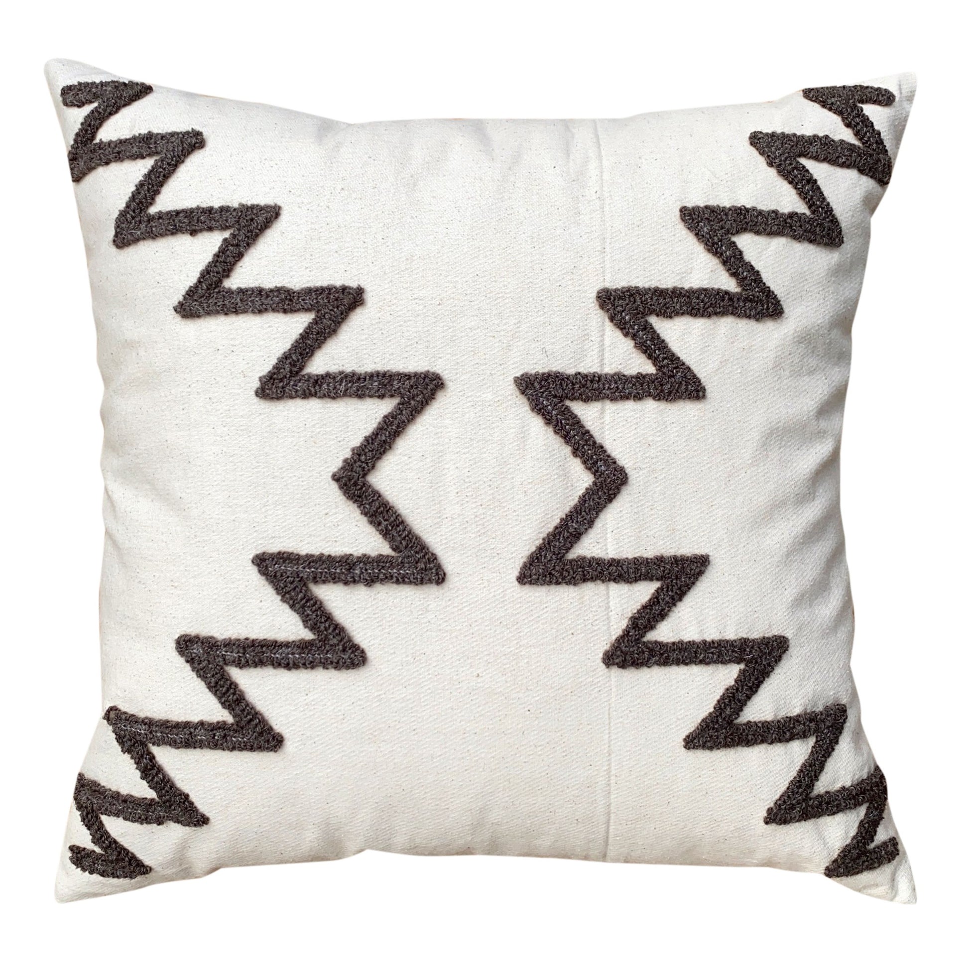 17 X 17 Inch 2 Piece Square Cotton Accent Throw Pillow Set With Modern Geometric Aztec Design Embroidery, White, Gray White Cotton