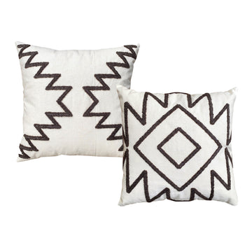 17 X 17 Inch 2 Piece Square Cotton Accent Throw Pillow Set With Modern Geometric Aztec Design Embroidery, White, Gray White Cotton